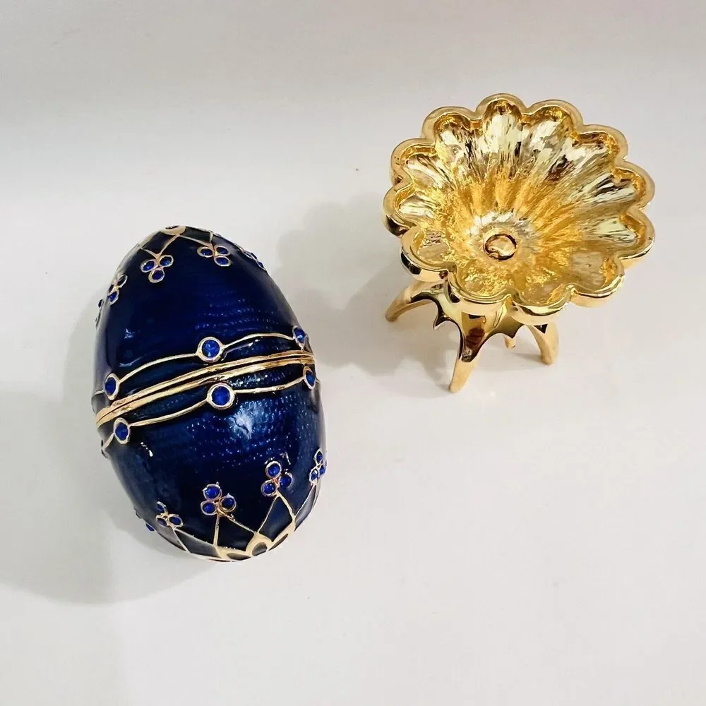 Enamel Keepsake Trinket Box Egg Cobalt Blue & Gold Tone Stand Metal Rhinestones